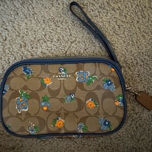 Coach Brown Floral Wristlet with Blue Accents - Like New